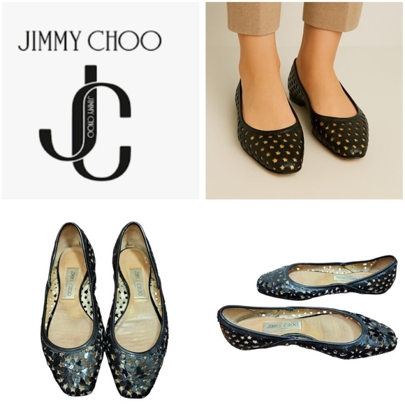 Jimmy Choo Laser Cut Pointed Toe Flats Black Patent Leather Shoes Size 36.5 - Picture 1 of 12